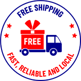 Free shipping badge with gift box on delivery truck and stars, labeled 'Fast, Reliable and Local' in red and blue