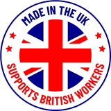 Badge with Union Jack design and text saying 'Made in the UK – Supports British Workers' in red and blue