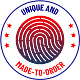 Red and blue fingerprint badge with stars and the text 'Unique and Made-to-Order' representing personalized UK-made products