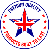 Badge with Union Jack inside a star and the text 'Premium Quality – Products Built to Last' representing British craftsmanship