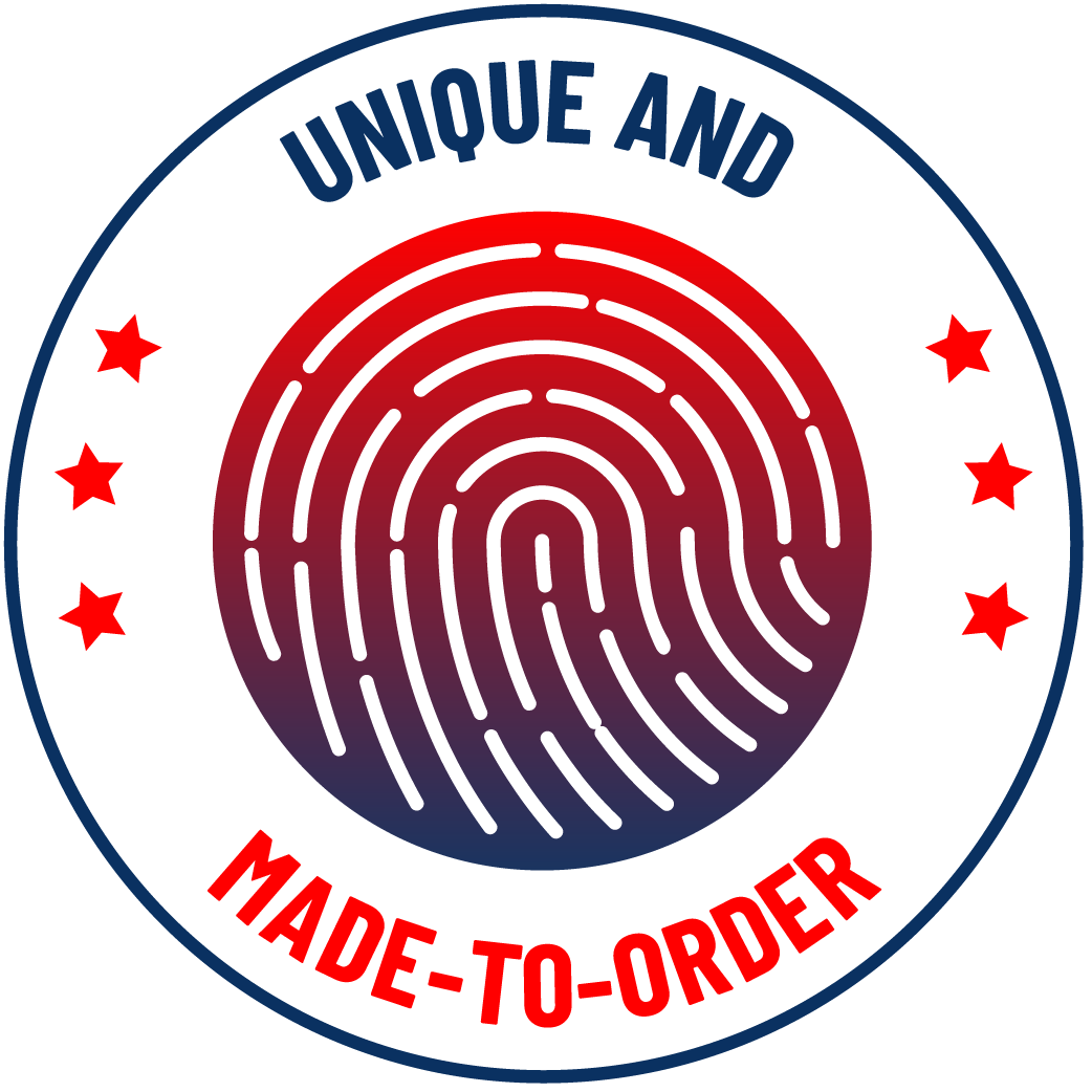 Red and blue fingerprint badge with stars and text reading 'Unique and Made-to-Order' representing personalized Canadian-made products